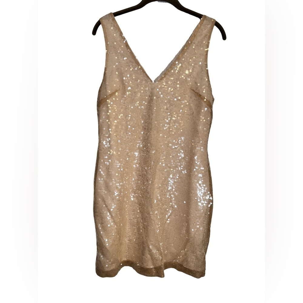 🎯 A New Day Dress Women's XS Cream Mini Full Sequin Fully Lined VNeck Shift NEW